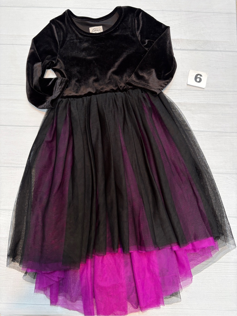 Taylor Joelle Black Velvet Bodice Dress with Purple Tulle Skirt